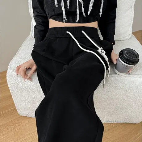 黑色阔腿运动裤女秋季新款高腰宽松显瘦休闲百搭抽绳直筒拖地卫裤图片
