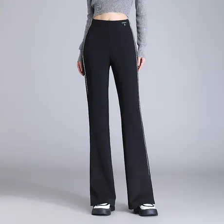 黑色侧拼条微喇休闲裤女松紧高腰秋季新款垂感显瘦喇叭拖地长裤子商品大图