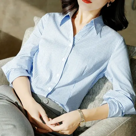 雀后2023春装新款长袖纯棉条纹衬衫女蓝白竖条纹职业工作V领衬衣商品大图