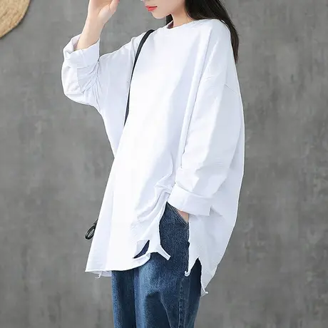 dza纯棉破洞白色长袖T恤女士春夏打底衫2022新款宽松休闲上衣百搭商品大图