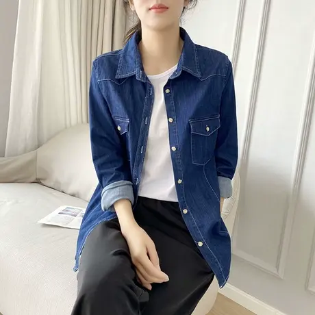 2021新秋纯色牛仔长袖衬衫女宽松百搭衬衣垂直感休闲上衣外套薄款图片