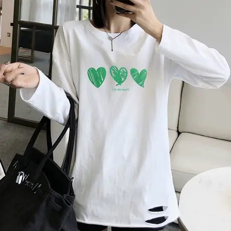 白色打底衫宽松中长款磨毛内搭2022春秋装新款纯棉长袖T恤女上衣商品大图