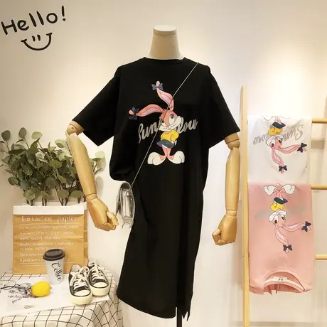 短袖t恤女ins潮2020夏季新款韩版宽松中长款连衣裙卡通长款上衣服商品大图