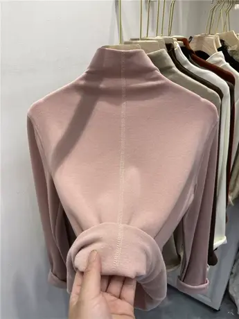 欧货半高领明线拼接加绒长袖T恤女2023秋冬新款休闲保暖小衫上衣图片