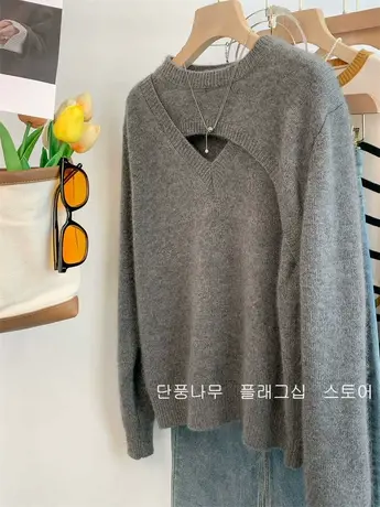 灰色小心机镂空浣熊绒针织打底衫女秋冬慵懒风软糯内搭羊绒毛衣冬商品大图