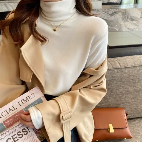 双面德绒堆堆高领长袖T恤女秋冬季修身显瘦洋气减龄内搭打底上衣商品大图