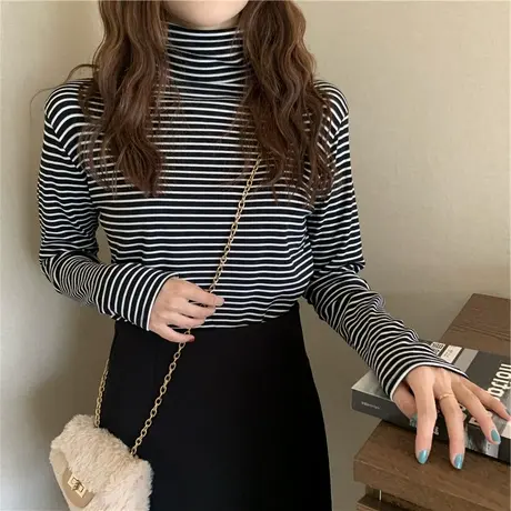 打底衫女秋冬长袖内搭高领条纹t恤2023新款加绒加厚百搭保暖上衣图片