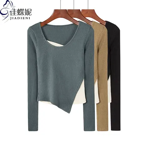 秋季新款韩版圆领修身拼接假两件长袖体恤上衣内搭打底女华夫格商品大图