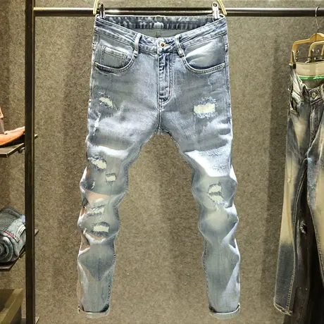 浅蓝色破洞痞帅牛仔裤男款潮流百搭修身小脚裤潮牌磨破刮烂乞丐裤商品大图