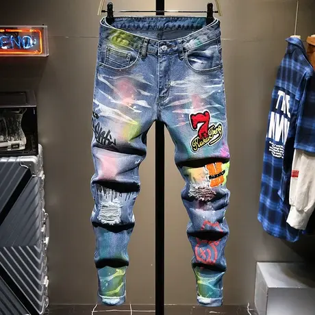 春夏欧美潮牌破洞牛仔裤男修身小脚男生休闲长裤子男印花刺绣男裤图片