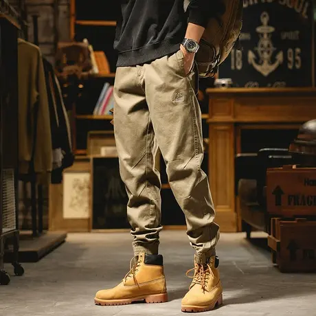 男裤2022年新款潮束脚宽松松紧腰休闲裤个性拼接哈伦子男工装裤商品大图