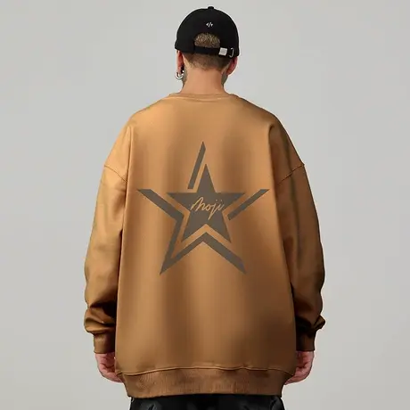 美式复古重磅卫衣大码五角星圆领加绒胖子宽松男生秋冬国潮牌无帽图片