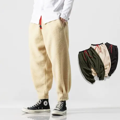 冬男保暖休闲裤中国风复古羊羔毛哈伦裤胖裤子加肥加大码毛绒长裤商品大图