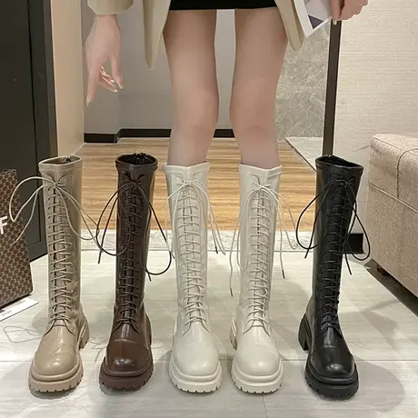 厚底白色长靴子女鞋2023年新款秋冬季小个子棕色绑带长筒骑士靴商品大图