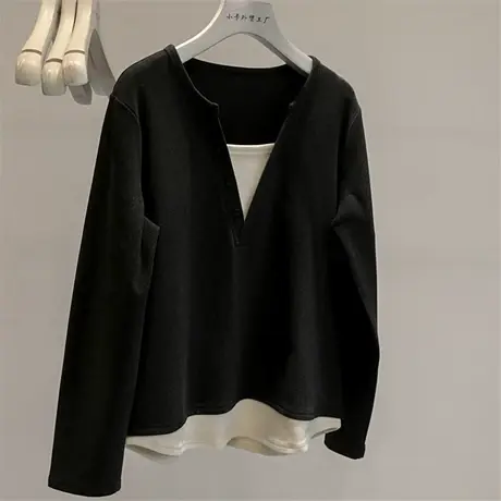 双面绒超保暖~秋冬基础款休闲百搭V领纽扣假两件打底衫上衣女图片