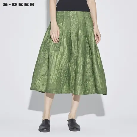 sdeer 圣迪奥 女装艺术感绿调肌理褶裥刺绣印花长裙S18281141图片
