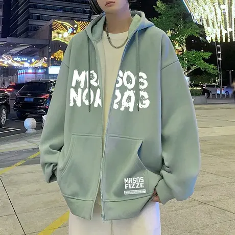 连帽卫衣外套男春秋季2024新款潮牌oversize加绒情侣美式重磅开衫商品大图