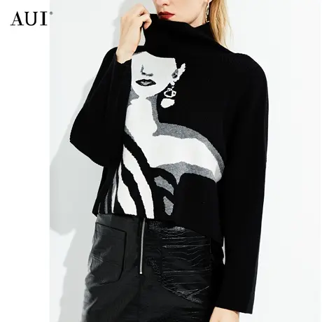 AUI黑色短款高领套头毛衣女2023年秋冬新款时尚百搭宽松外穿上衣图片