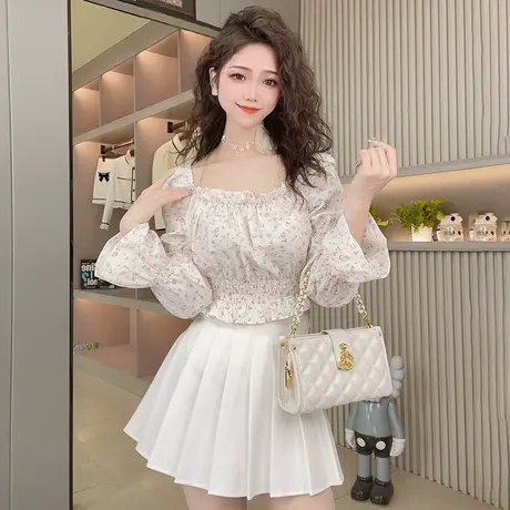 甜美方领碎花衬衣女设计感小众短款衬衫春季法式长袖上衣纯欲小衫商品大图
