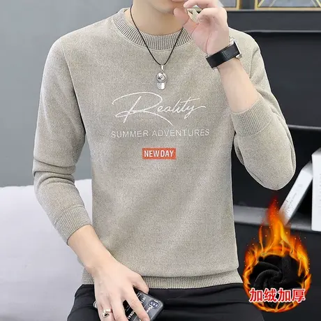 冬季圆领加绒加厚毛衣男青年套头修身打底衫学生一体绒印花线衣潮商品大图