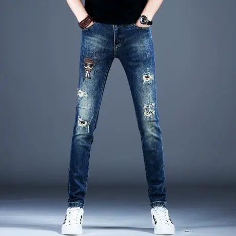 男士刺绣破洞牛仔裤男款小脚修身2023新款春秋弹力百搭高档春秋款图片