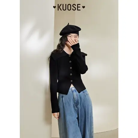 阔色黑色v领小香风针织衫女2023秋冬新款紧身开叉收腰显瘦毛衣商品大图