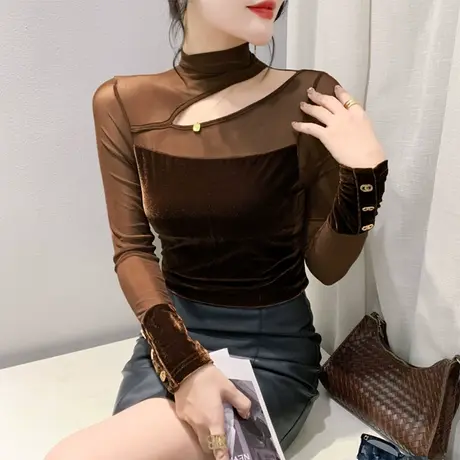 春装2024新款T恤女网纱拼接镂空露肩时尚内塔上衣修身长袖打底衫商品大图