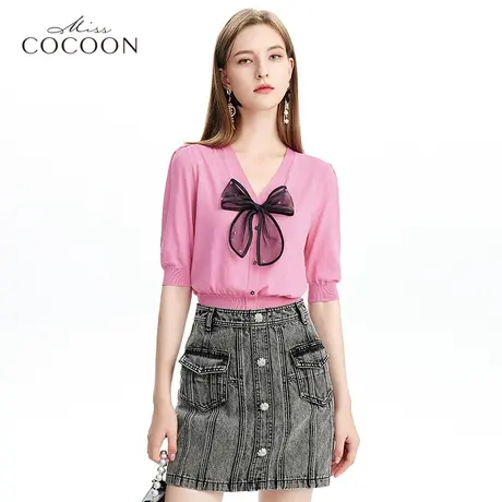 MISSCOCOON针织t恤女夏2023新款蝴蝶结V领设计感小众时尚洋气上衣商品大图
