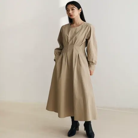 春夏秋新款长袖收腰显瘦圆领套头A字连衣裙女气质时尚松紧腰裙子图片