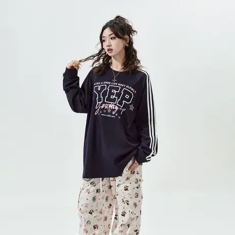YEP复古印花条纹长袖t恤女春秋2024新款潮牌宽松oversize情侣上衣图片