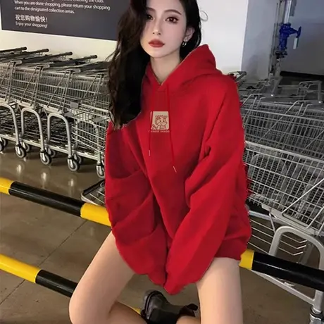 中国红本命年新款2024秋冬季连帽卫衣女宽松印花外套加绒厚衣服商品大图