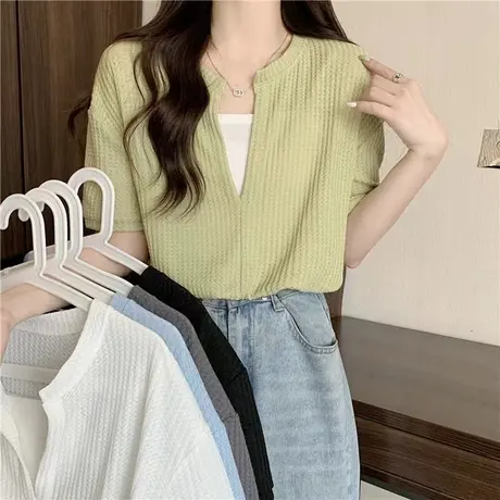 设计感小众别致华夫格短袖T恤女士夏装宽松假两件短款半袖上衣服图片