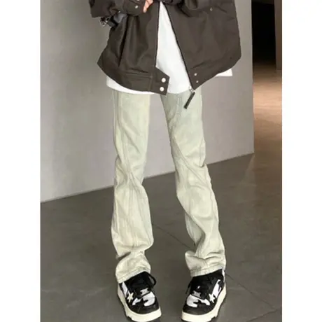 黄泥染牛仔裤女春季薄款微喇裤直筒窄版阔腿裤美式复古设计感小众图片