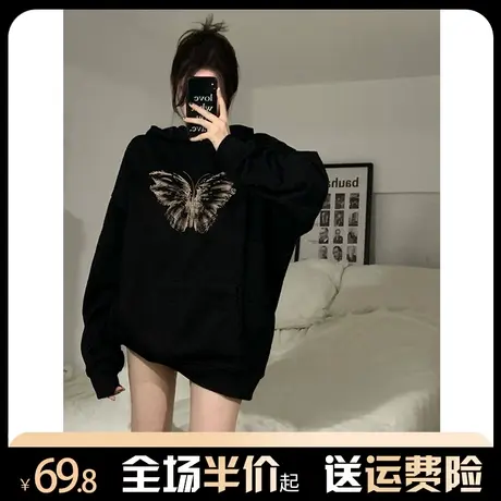 连帽黑色卫衣女秋冬加绒加厚宽松显瘦美式复古oversize高级感外套商品大图