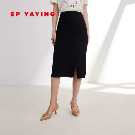 EP YAYING雅莹女装 气质黑色直筒开衩半身裙 2024早春新款9303A图片