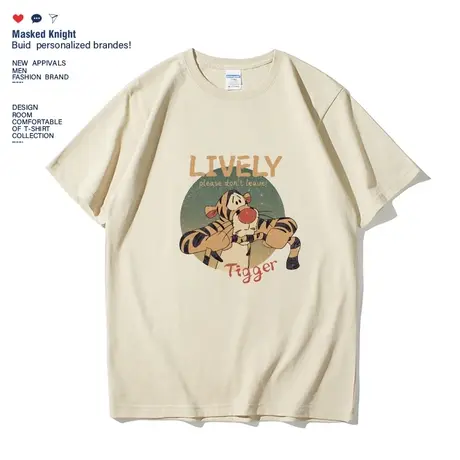 夏季潮牌美式复古老虎印花短袖t恤男纯棉宽松休闲圆领情侣装体恤商品大图