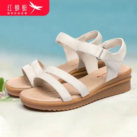 红蜻蜓中年妈妈凉鞋真皮软底舒适女士罗马坡跟厚底凉鞋女夏平底鞋商品大图
