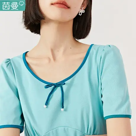 茵曼旗舰店圆领修身T恤女士夏季新款显瘦气质纯色法式休闲上衣商品大图