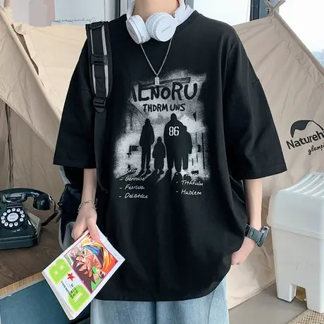 美式复古潮牌短袖男2023年新款港风宽松t恤男士夏季半袖冰丝体恤商品大图