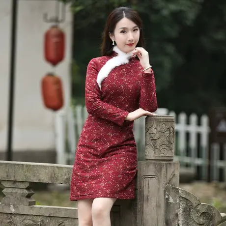 旗袍冬款加厚过年旗袍小棉袄改良旗袍连衣裙中长款拜年服女大人商品大图