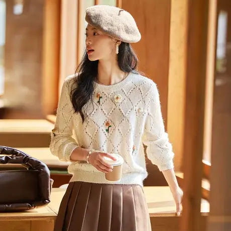 时尚气质长袖毛衣2023年秋季新款淑女温柔圆领宽松显瘦通勤上衣商品大图