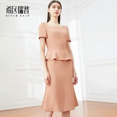 希区瑞普高端法式2023新款女粉色方领荷叶边短袖连衣裙显瘦高级感图片