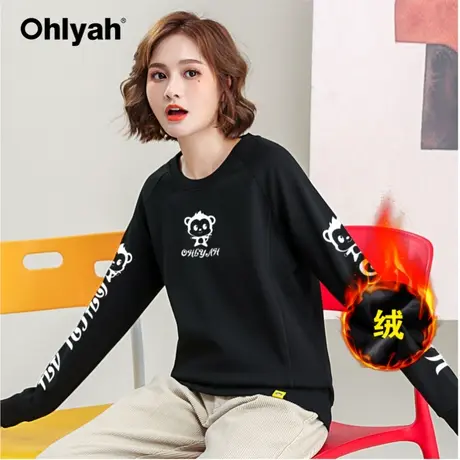 Ohlyah品牌2023秋冬新款加绒加厚卫衣女情侣宽松圆领上衣长袖学生商品大图