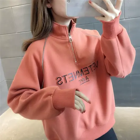 半高领字母短款卫衣2023年新款秋冬加绒加厚女上衣套头长袖拉链潮商品大图