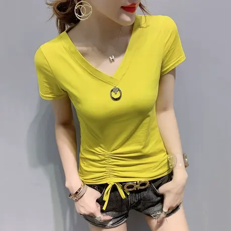 2023新款女装时尚个性抽褶T恤女短袖夏修身V领上衣半袖纯棉小衫潮图片