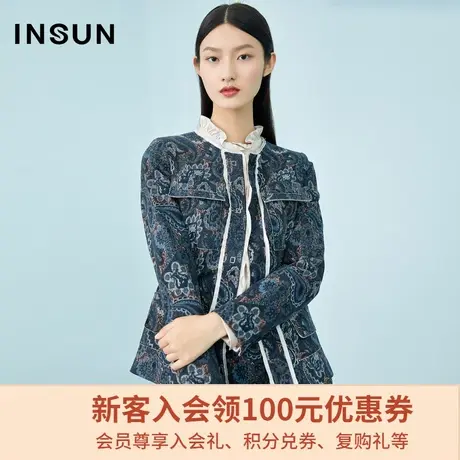 恩裳商场同款冬季新款圆领长袖修身单排扣绣花棉质短外套女商品大图