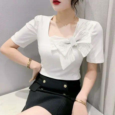 欧货设计感蝴蝶结T恤女短袖时尚方领小衫洋气修身显瘦上衣夏装ins商品大图