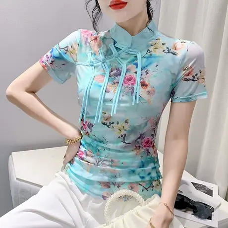 复古改良盘扣T恤女短袖2023夏新款气质印花网纱小衫时尚立领上衣商品大图