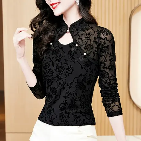 性感镂空长袖蕾丝衫女2023秋装新款复古盘扣打底衫洋气立领上衣潮商品大图