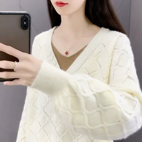 v领毛衣春秋新款菱形假两件针织打底衫小个子短款长袖套头上衣女图片